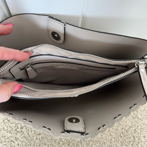 Nanette Lepore Scalloped Edge Studded Pebbled Grey Adjustable Strap Zipper Purse - Picture 5 of 16